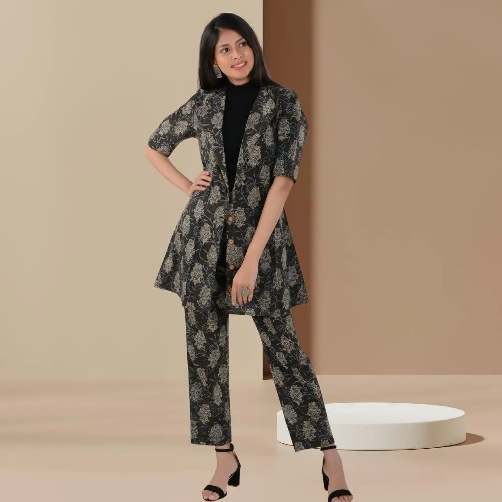 Ajrakh Black Co-ord Set of Jacket And Pant | Office Wear | Stylish