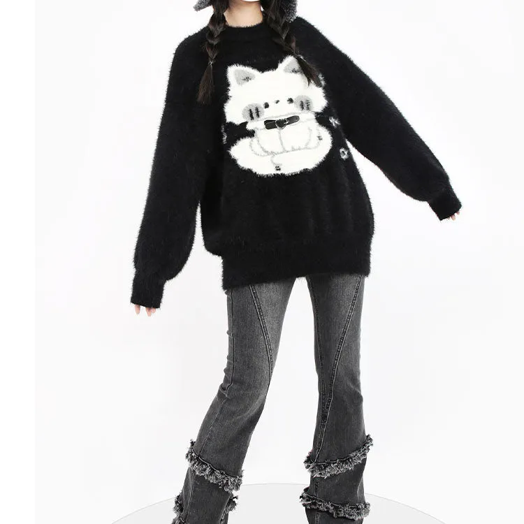 Cartoon Cat Print Black Sweater