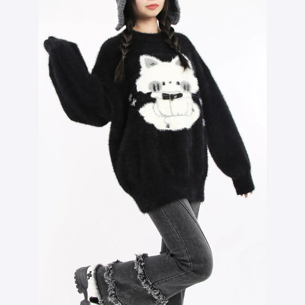Cartoon Cat Print Black Sweater