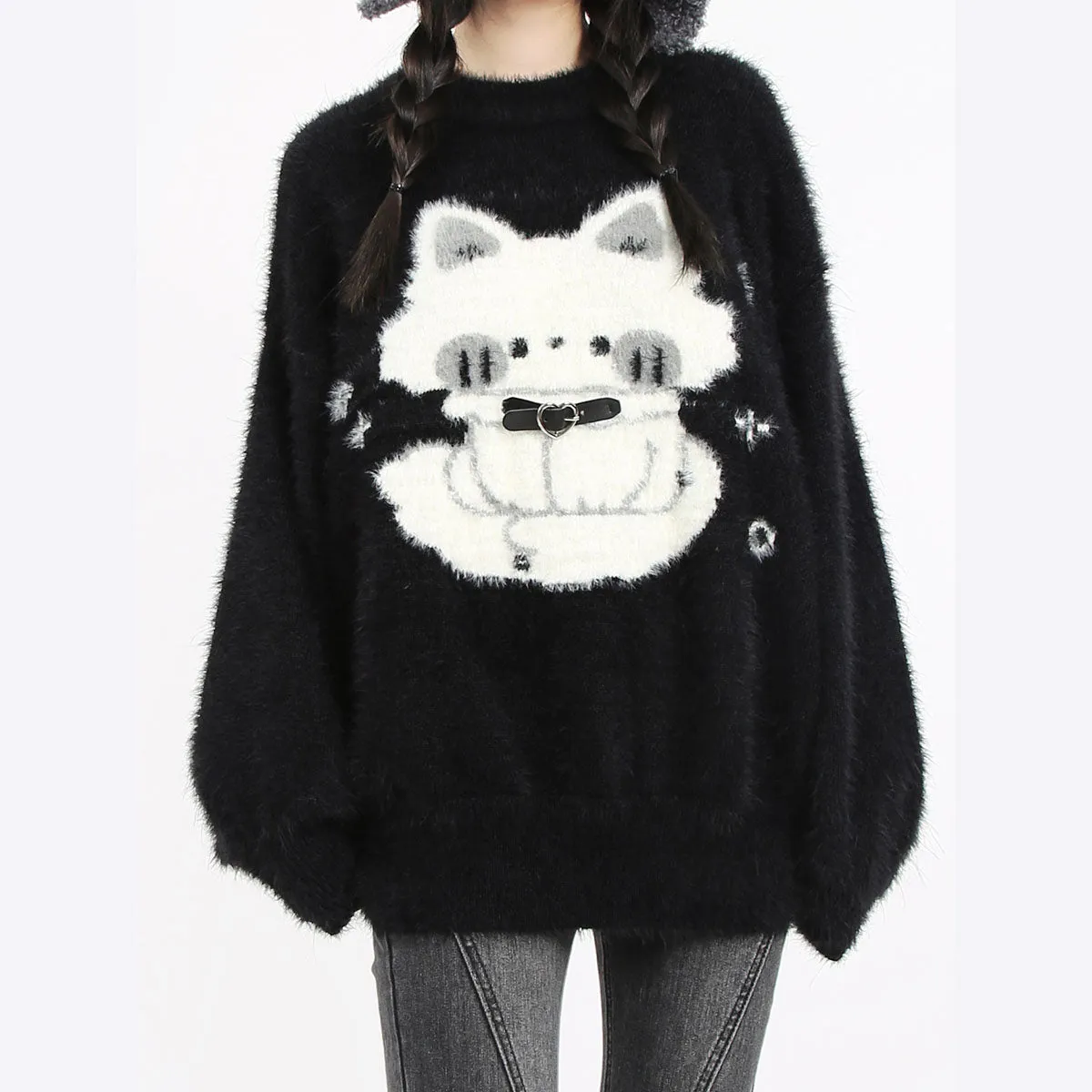 Cartoon Cat Print Black Sweater