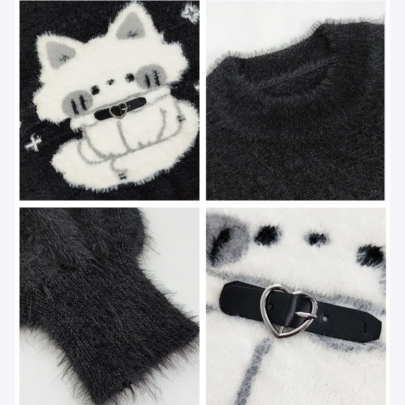 Cartoon Cat Print Black Sweater