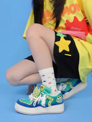 Cartoon frog print puffy sneakers