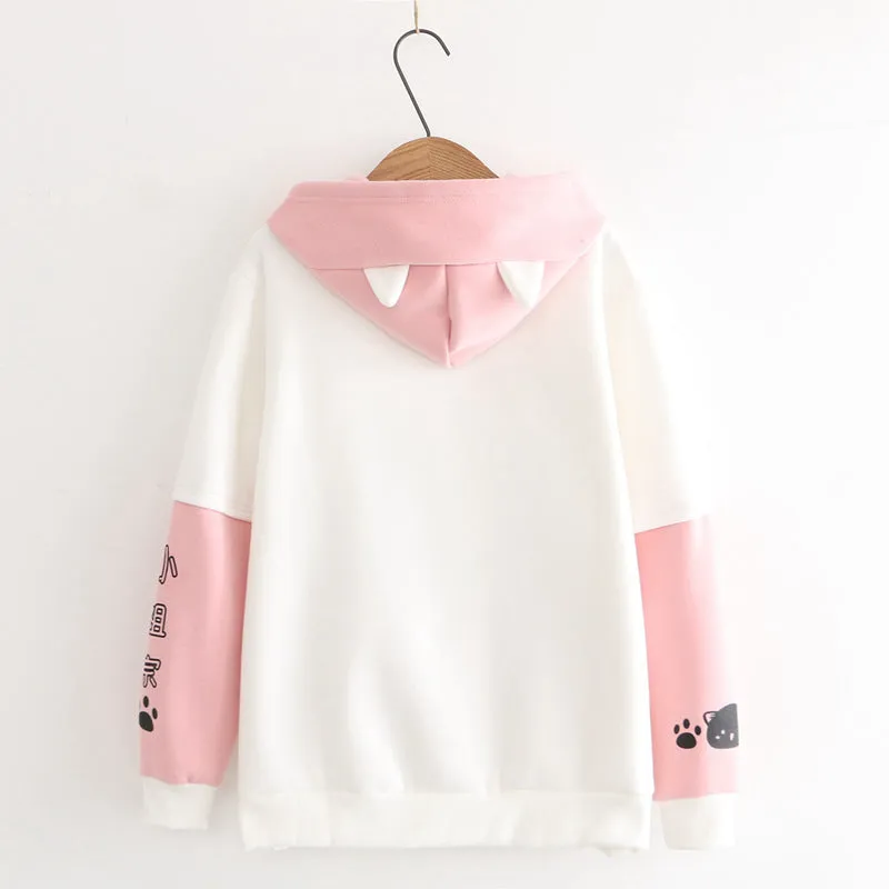 Cartoon Kitty Chinese Print Plush Hoodie with Pocket