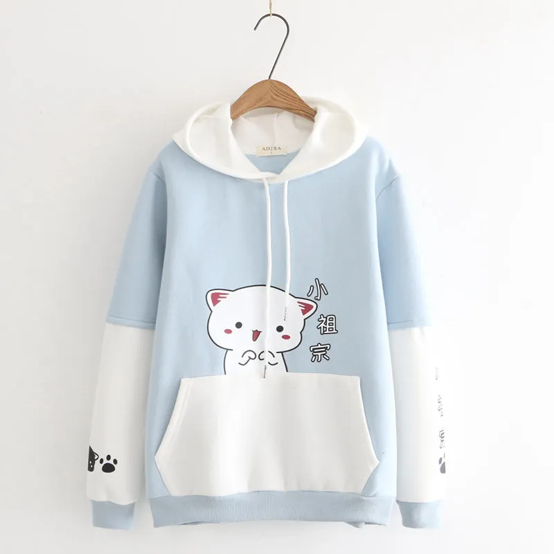 Cartoon Kitty Chinese Print Plush Hoodie with Pocket