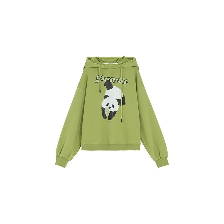 Cute Matcha Green Cartoon Panda Print Hoodie
