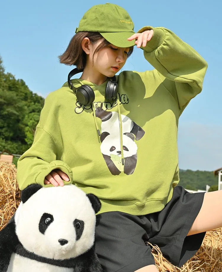 Cute Matcha Green Cartoon Panda Print Hoodie