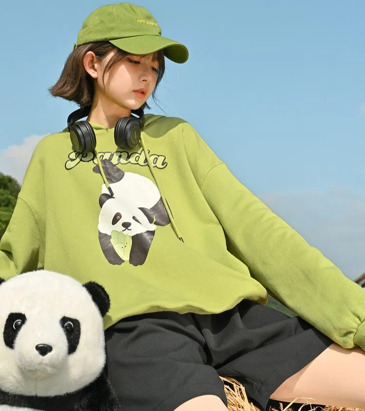 Cute Matcha Green Cartoon Panda Print Hoodie