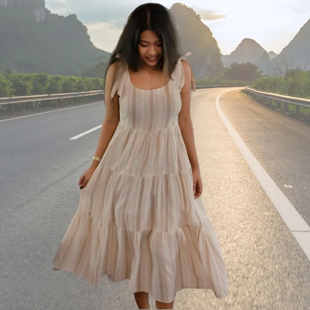 Day Dreams Tier Midi Dress | Kala Cotton | Casual Wear | Pastel Green And Pink