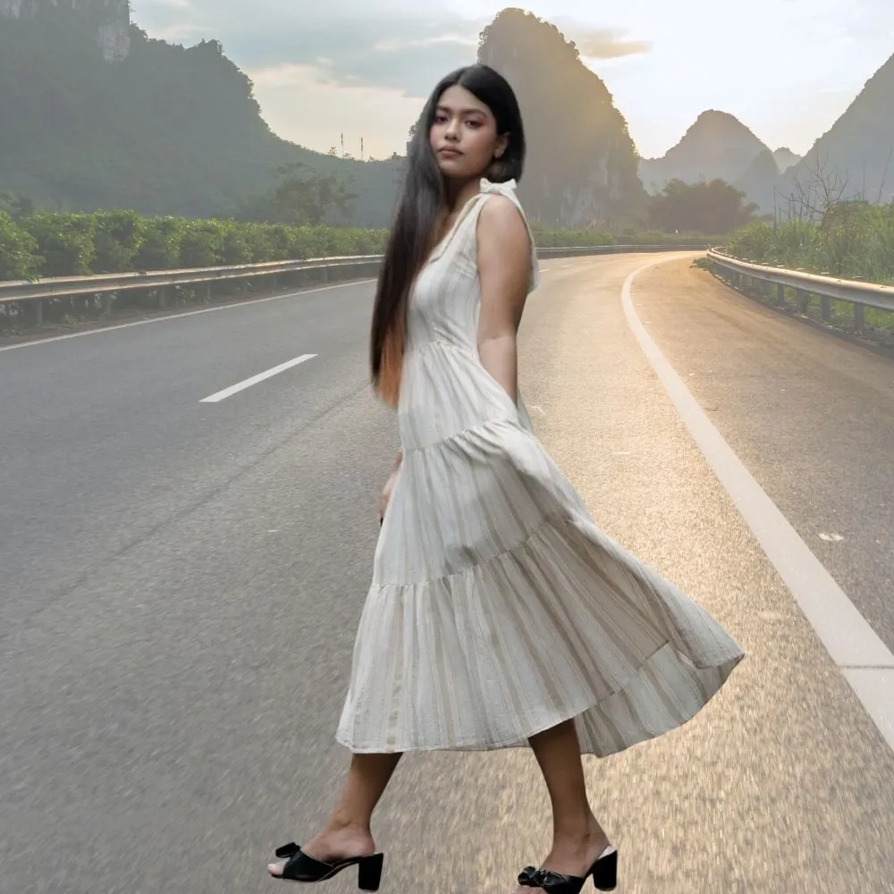 Day Dreams Tier Midi Dress | Kala Cotton | Casual Wear | Pastel Green And Pink