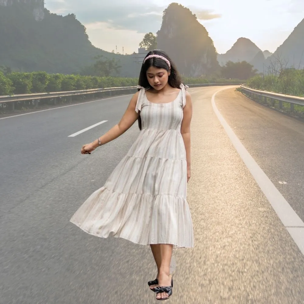 Day Dreams Tier Midi Dress | Kala Cotton | Casual Wear | Pastel Green And Pink