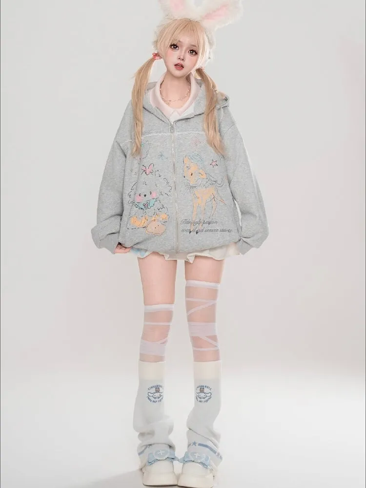 Grey/White Cartoon Animal Print Spring Zip Hoodie