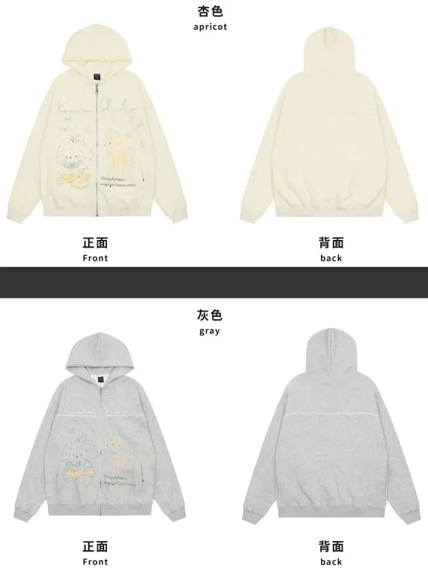 Grey/White Cartoon Animal Print Spring Zip Hoodie