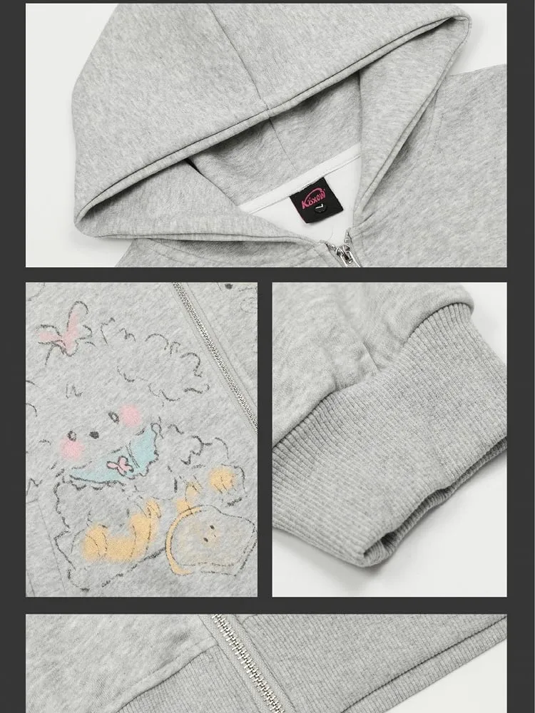 Grey/White Cartoon Animal Print Spring Zip Hoodie