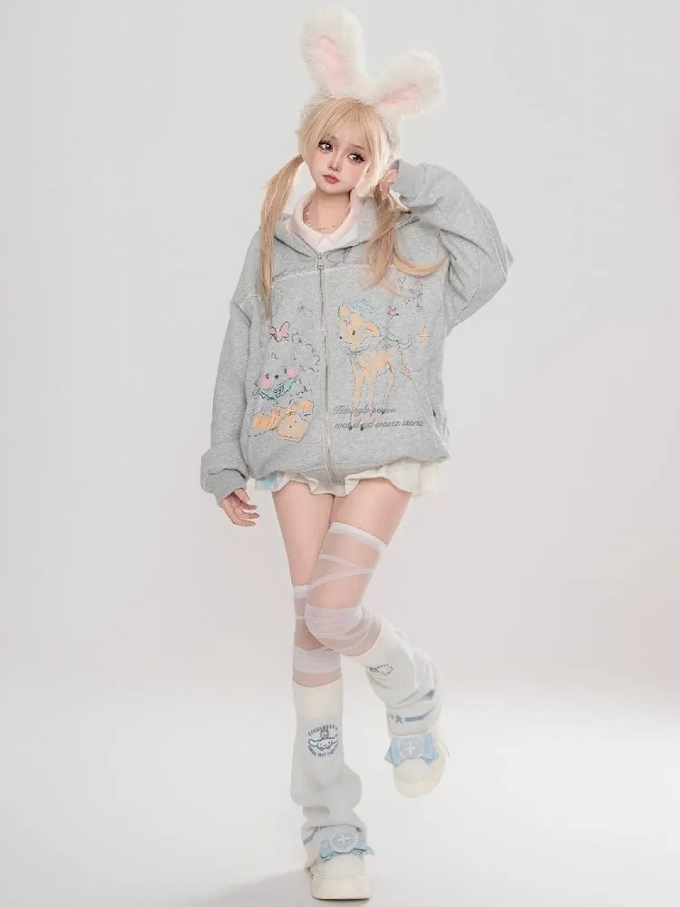 Grey/White Cartoon Animal Print Spring Zip Hoodie