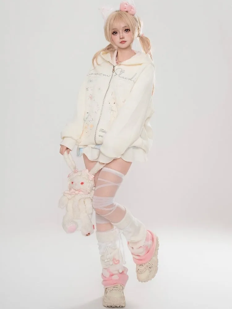 Grey/White Cartoon Animal Print Spring Zip Hoodie