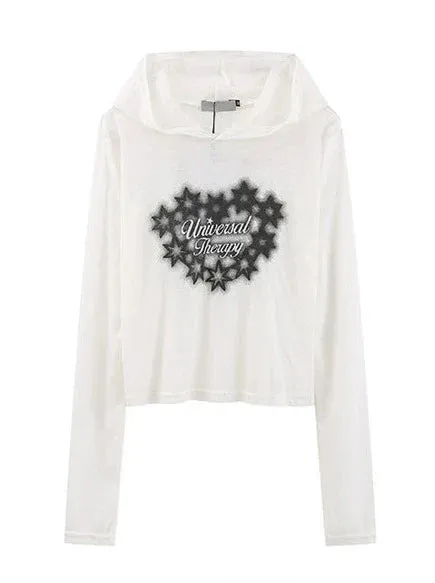 Hoodie Long Print Top T Star Sheer