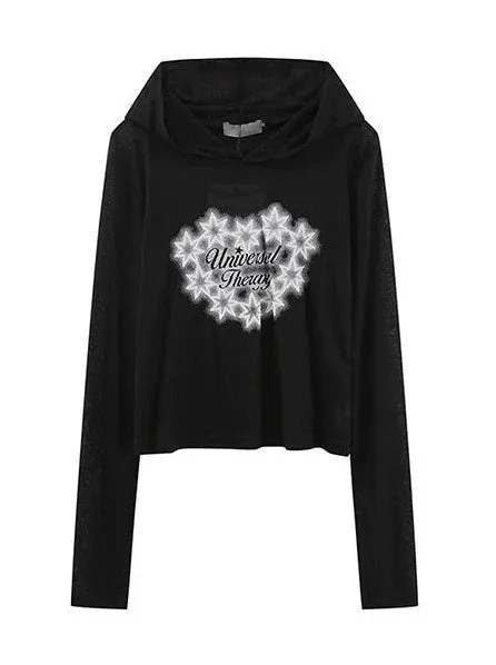 Hoodie Long Print Top T Star Sheer