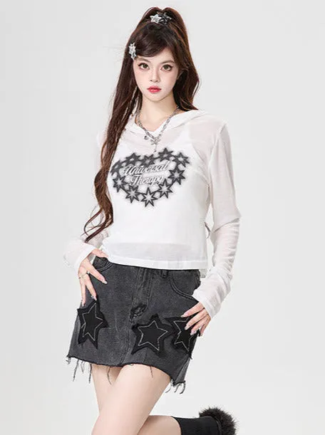 Hoodie Long Print Top T Star Sheer