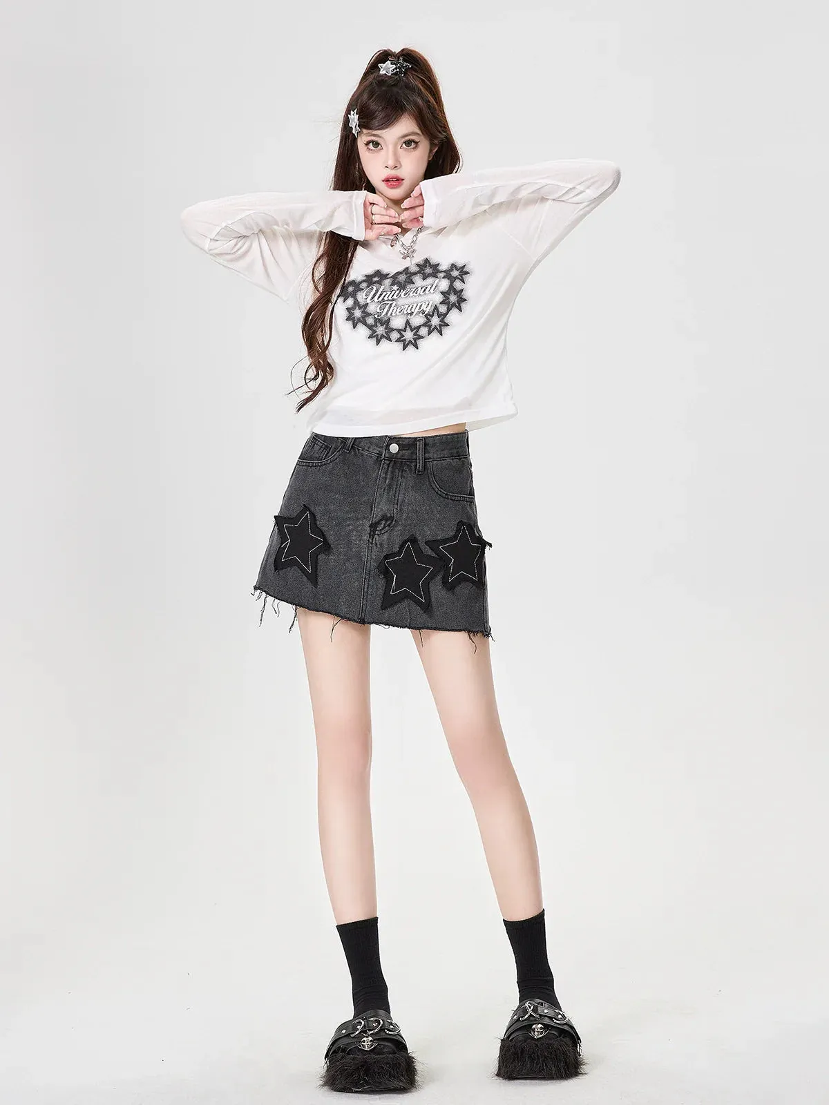 Hoodie Long Print Top T Star Sheer