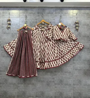 Ivory & Maroon Geometric Print Cotton Chaniya Choli with Mirror Lace