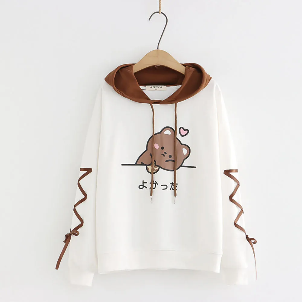Japanese Letter Bear  Print Ribbon Sleeves Hoodie