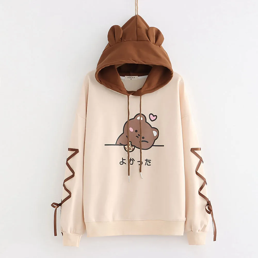 Japanese Letter Bear  Print Ribbon Sleeves Hoodie