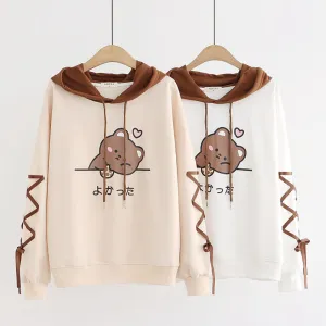 Japanese Letter Bear  Print Ribbon Sleeves Hoodie
