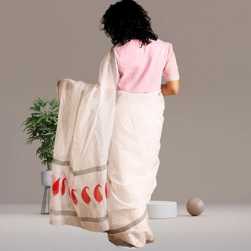 Kota Silk Saree | Hand Block Print | Office Formal Wear | White With Grey Border
