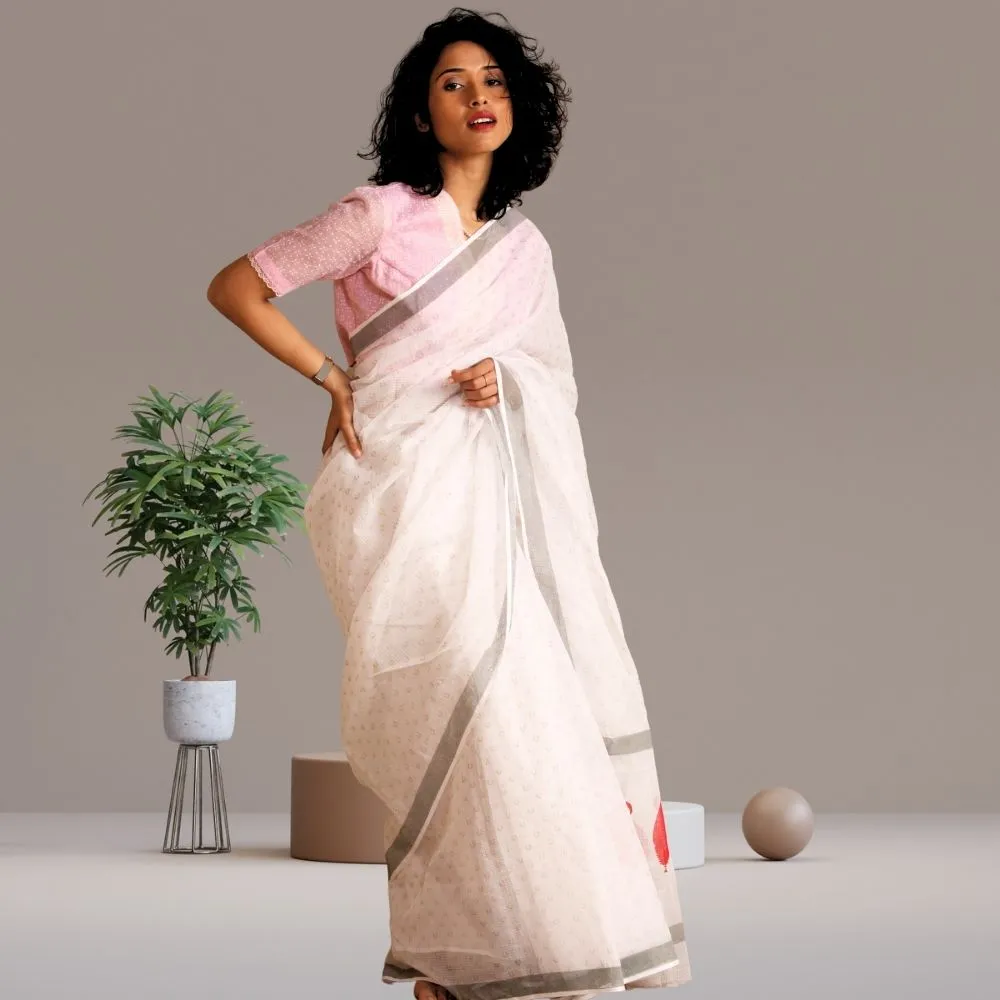 Kota Silk Saree | Hand Block Print | Office Formal Wear | White With Grey Border