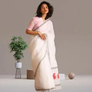 Kota Silk Saree | Hand Block Print | Office Formal Wear | White With Grey Border