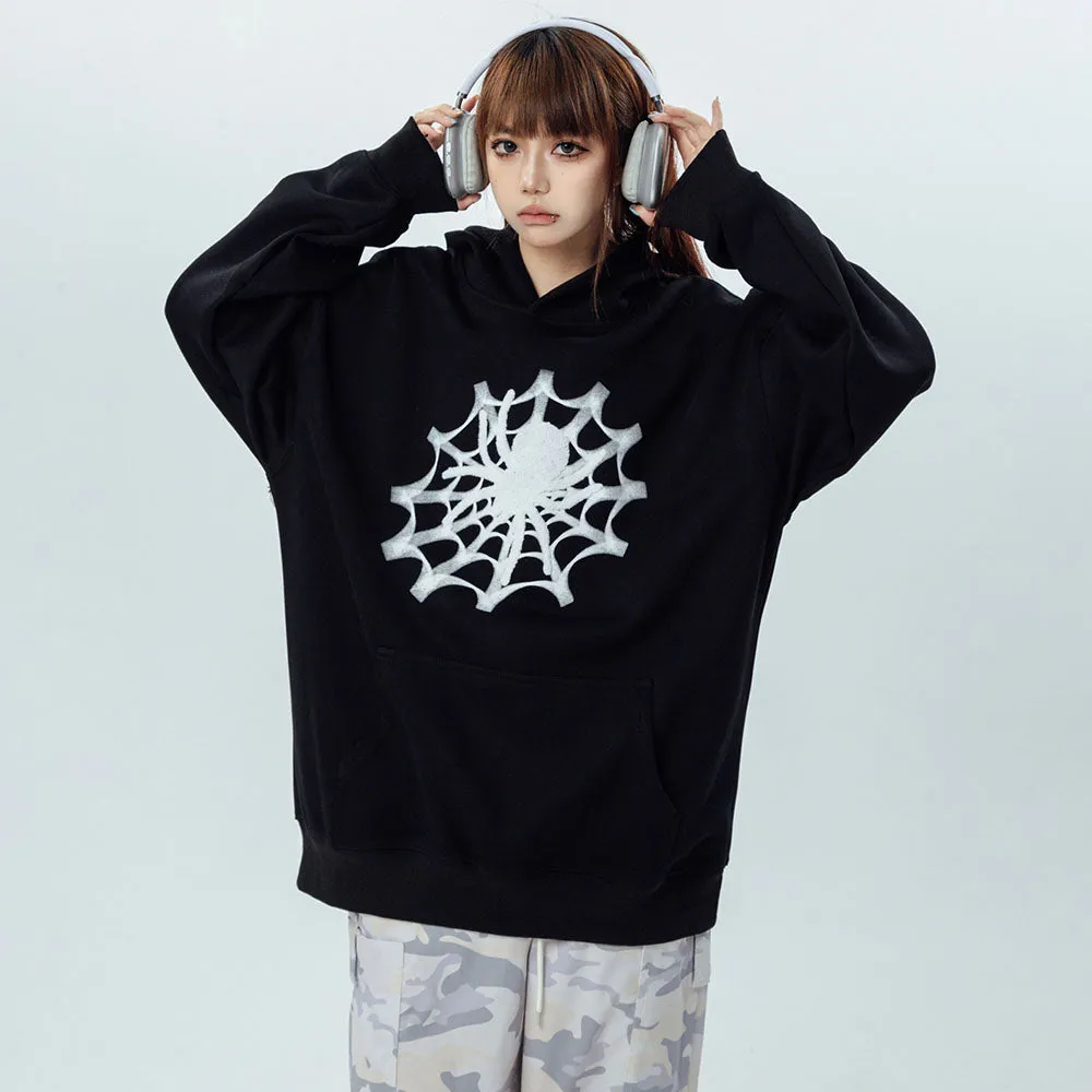 Vintage Spider Web Print Pocket Loose Hoodie