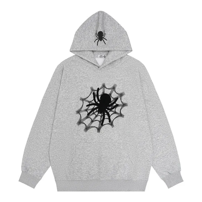Vintage Spider Web Print Pocket Loose Hoodie
